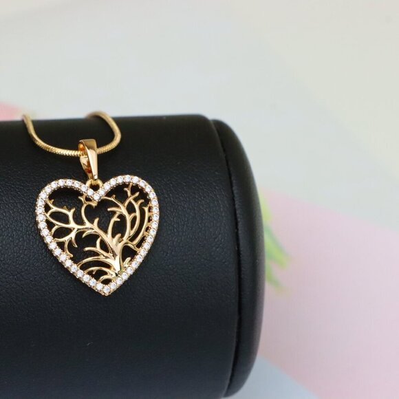 "Rose Gold Heart Pendant with Tree of Life Design and Crystal Border, XPPT1480 - Picture 4 of 12